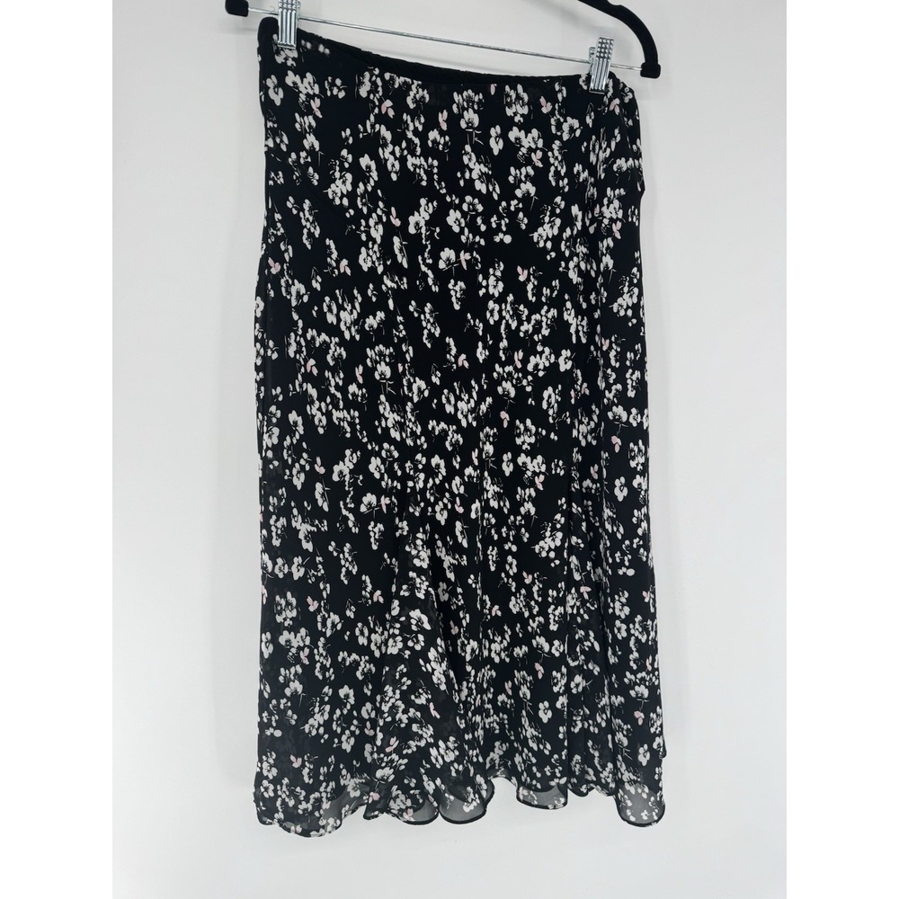 Chaps Pleated Floral Lined Midi Skirt Black/White Fairy sheer M cottagecore